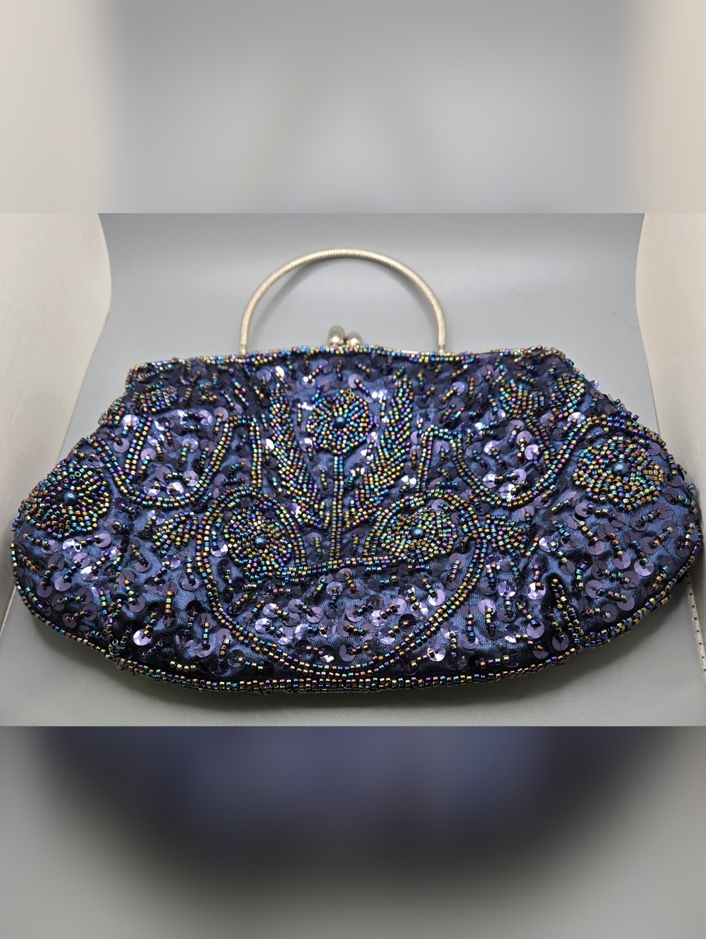 Navy Blue Evening Clutch w/sequins & Seed Beads Kiss Lock Handle & Chain